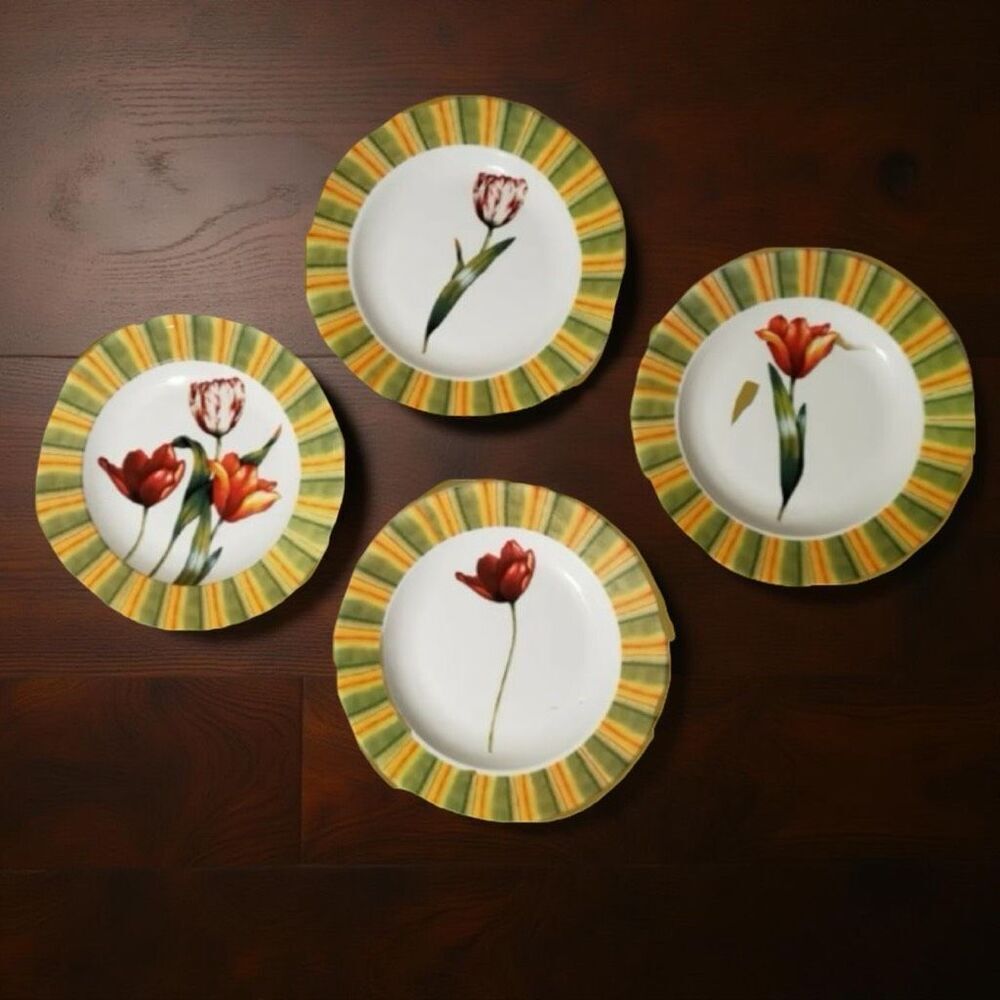 Set of 4 Cypress Home Tulip Floral Sandwich- Salad Plates 8 1/4”